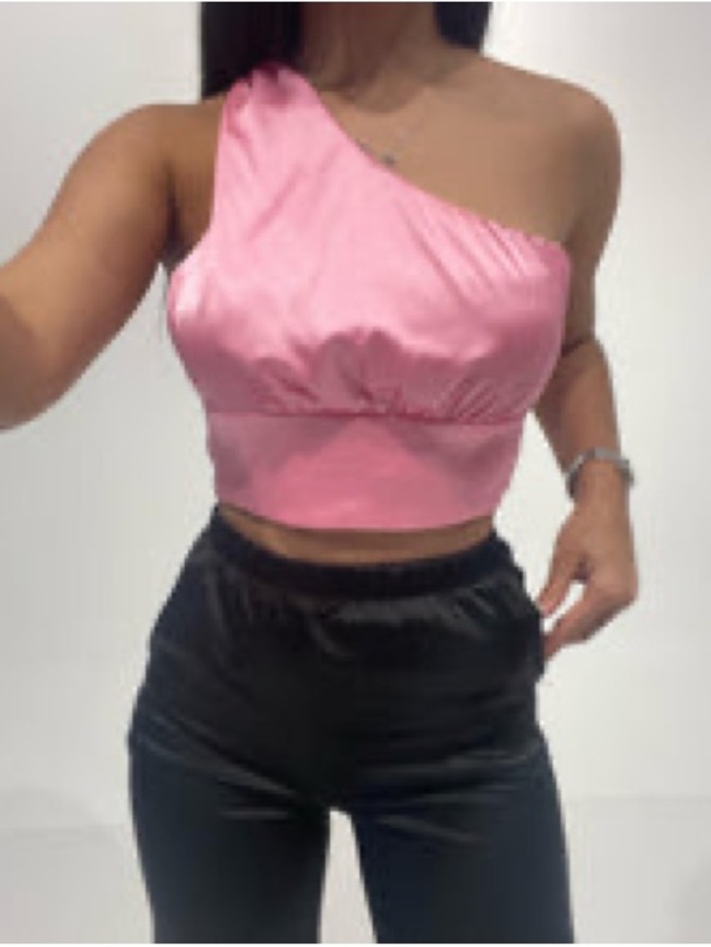 Cotton Candy One-Shoulder Pink Satin Crop Top size S